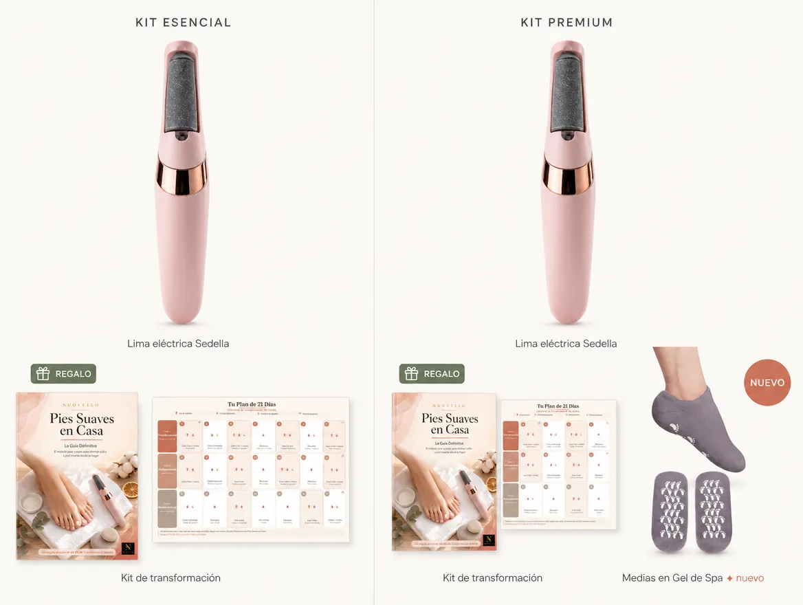 Comparativa de kits: Kit Esencial (Lima + Kit de transformación) y Kit Premium (Lima + Kit de transformación + Medias en Gel de Spa)